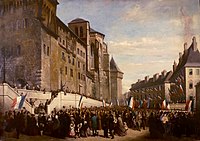 People of Chambéry with French flags celebrating the annexation in 1860.