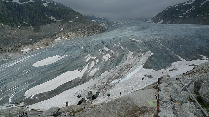 Rhonegletscher, Switzerland in 2009. The tip of the glacier has now receded to near the center of the photo.