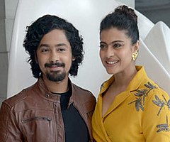 Kajol with co-star Riddhi Sen at an event for Helicopter Eela in 2018 Riddhi Sen and Kajol promoting Helicopter Eela (cropped).jpg