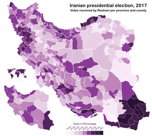 Votos recebidos por Rouhani por províncias e Shahrestans