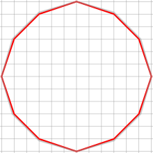 A regular dodecahedron (grey) approximated with a lattice polygon using the rule of twelfths (red) Rule of twelfths circle approximation.svg