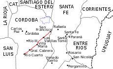 Carte de la route nationale 158, reliant la RN 20 à Río Cuarto sur la RN 8.