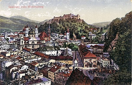 Salzburg in 1914; cathedral on the left, Hohensalzburg Fortress in the background