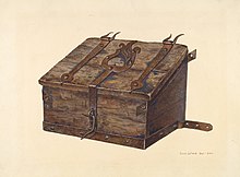 Conestoga wagon toolbox painting, held at the National Gallery of Art. Note the heart motif at the toolbox's lid. Samuel W. Ford, Conestoga Tool Box, c. 1939, NGA 28796.jpg