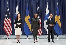 From left to right: Finnish prime minister Sanna Marin, Vice President of the United States Kamala Harris and Swedish prime minister Ulf Kristersson at the 59th Munich Security Conference Sanna Marin, Kamala Harris and Ulf Kristersson at MSC 2023 (cropped).jpg