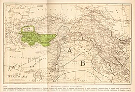 Карта соглашения, подписанного Бальфуром в августе 1917 года. Пунктирной зелёной линией в Эгейском море отмечены итальянские острова в Эгейском море, уже находившиеся под итальянским контролем.