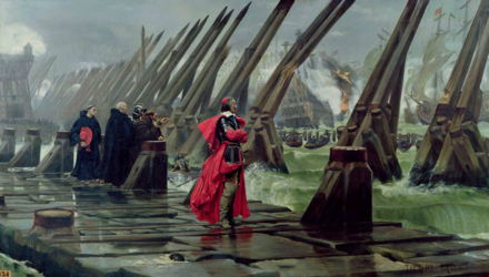 October 28: Cardinal Richelieu at the siege of La Rochelle. Painting by Henri Motte from 1881.
