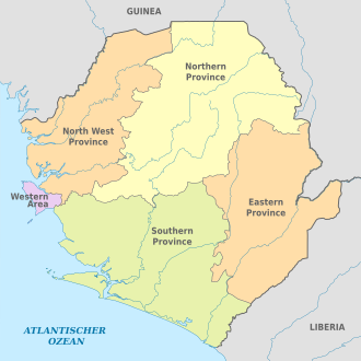 Map of the four provinces and one area in Sierra Leone Sierra Leone, administrative divisions - de - colored 2018.svg