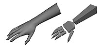 The skeletal version (right) is effectively modeling the hand (left). This has fewer parameters than the volumetric version and it's easier to compute, making it suitable for real-time gesture analysis systems. Skeletal-hand.jpg
