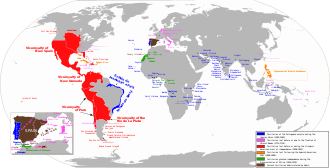 The areas of the world that at one time were territories of the Spanish Monarchy or Empire Spanish Empire Anachronous en.svg