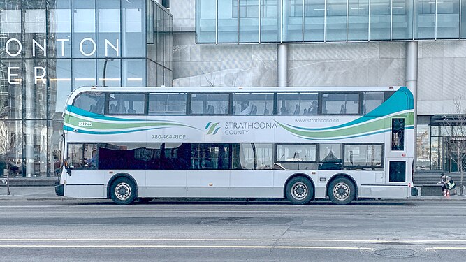 Side view of a Strathcona County Transit Alexander Dennis Enviro500 MMC