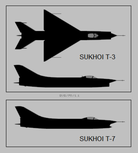 Sukhoi T-3 and T-7 silhouettes.png