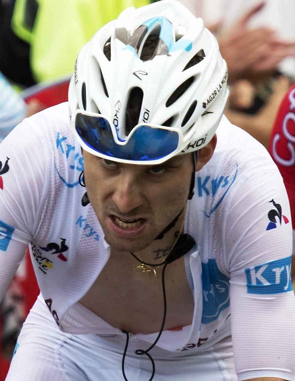 Latour wearing the white jersey at the 2018 Tour de France