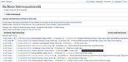 Skjermbilde av sidehistorikken til Wikipedia-artikkelen om musiker Ida Maria. Siden inneholder mye tekst og lenker, men en usynlig peker holdes over en «takk»-lenke, hvor en dialogboks med «Send en takkemelding til denne brukeren» vises.