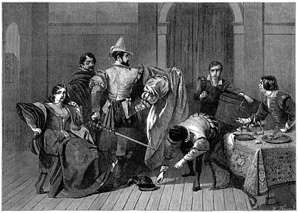 Charles Robert Leslie'nin Shakespeare'in Hırçın Kız oyununun 4. perde 3. sahnesine ait bir anı betimleyen çizimi, Illustrated London News, 3 Kasım 1886.(Üreten:C. R. Leslie)