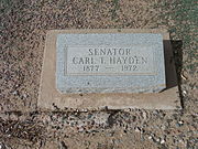 The grave site of Carl T. Hayden (1877- 1972). Hayden was the first United States Senator to serve seven terms. He served as Arizona’s first representative for eight terms before entering the Senate, Hayden set the record for longest serving member of the United States Congress more than a decade before his retirement from politics. He is buried in sec. B-53