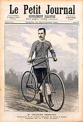 Unul dintr-un ziar din 1891: sub numele de jounal, un desen arată un biciclist ținându-și bicicleta.