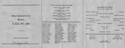 Thanksgiving Day menu at Midway, 1943. Thanksgiving Menu USS PC-598, November 25, 1943, Midway Island.tiff