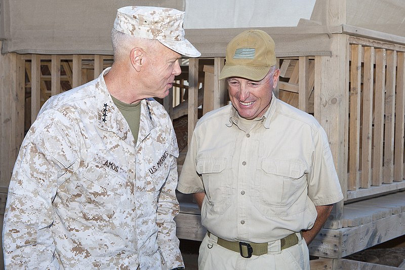 File:The 35th Commandant of the Marine Corps, General James F. Amos, right, shares a laugh with Terry Walker, training advisor to the commander of Regional Command (Southwest) (RC SW), at the RC (SW) compound aboard 110924-M-LU710-009.jpg