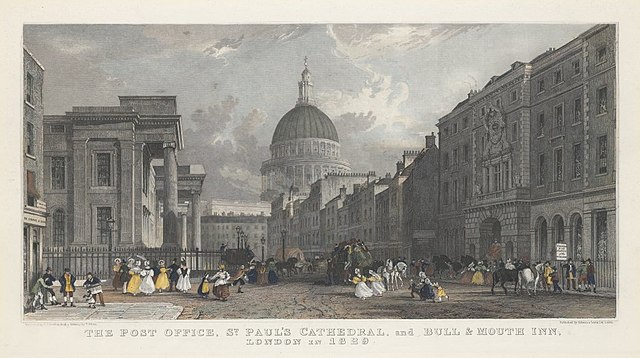 Engraving by G.J. Emblem after T. Allom: The Post Office, St. Paul's Cathedral, and Bull & Mouth Inn, London in 1829.