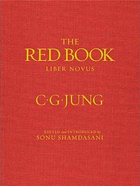 Red book cover with yellow or gold text: 'THE; RED BOOK; LIBER NOVUS; C.G.JUNG; EDITED and INTRODUCED by SONU SHAMDASANI'