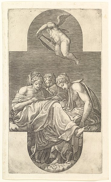 File:Three Muses and a Putto with a Lyre, a cruciform composition, from a series of eight compositions after Francesco Primaticcio's designs for the ceiling of the Gallery of Ulysses (destroyed 1738-39) at Fontainebleau MET DP821276.jpg