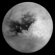 Titan mosaic from a Cassini flyby. The large dark region is Shangri-La. Titan2005.jpg