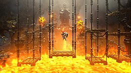 Pontius navigates platforms dangling over a pit of lava in this scene from the Dwarven Caverns chapter. Trine 2 - Dwarven Caverns Lava.jpg