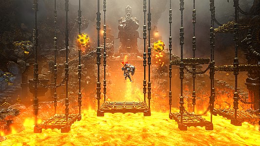 Pontius navigates platforms dangling over a pit of lava in this scene from the Dwarven Caverns chapter of the Director's Cut, a Wii U exclusive