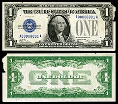 First small-sized $1 bill which was issued in 1928 as a silver certificate US-$1-SC-1928-Fr.1600.jpg