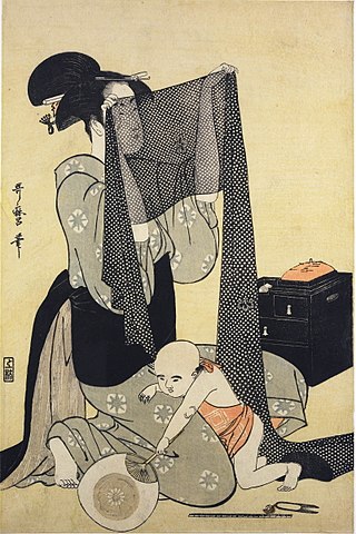 <i>Hari-shigoto</i> Color triptych print by Kitagawa Utamaro