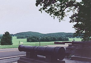 Revolutionary War cannon overlooking the site of the Valley Forge encampment (July 1989).