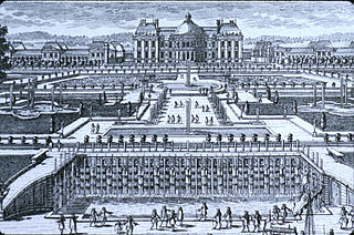 Grabado antiguo del palacio de Vaux-le-Vicomte y sus jardines.