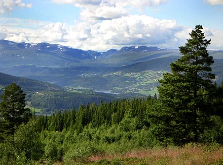 View of Slidre valley, southern edge of Jotunheimen behind.