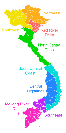 Regions of Vietnam. The Paracel Islands and the Spratly Islands (not shown here) are parts of South Central Coast. VietnameseRegions.svg