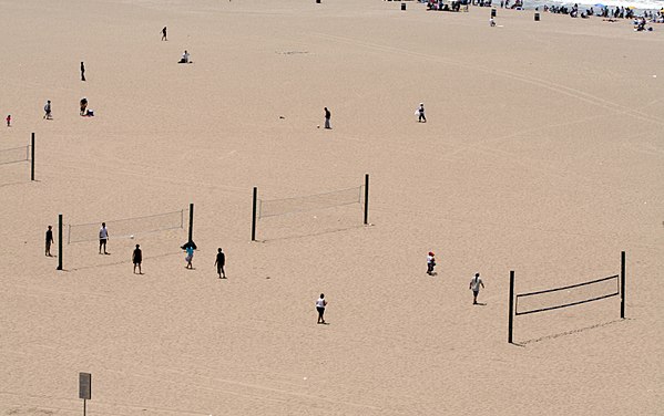 Public beach volleyball courts in Santa Monica, where the modern two-man version originated.