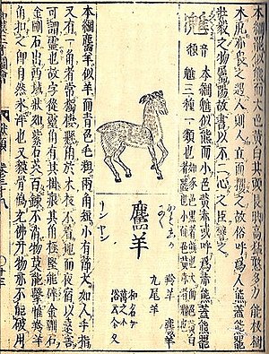 Encyclopaedia page featuring a drawing of a deer-like animal. It is surrounded with Japanese writing.