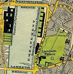 Map of 1897, showing Lambeth Palace across the River Thames from the Houses of Parliament, with Lambeth Bridge and Westminster Bridge over the river.