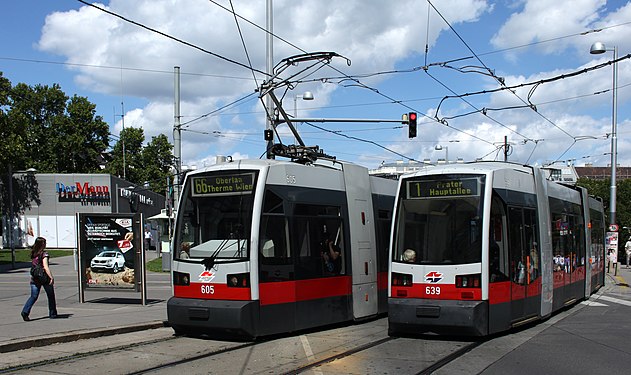 Two Vienna low-floor trams passing each other