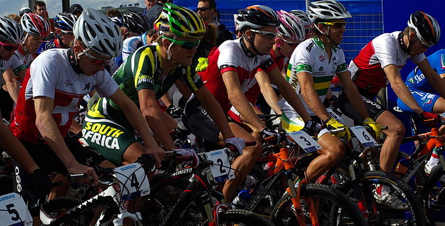 Moments before the start of the under-23 men's cross-country race at the 2009 World Championships in Canberra, Australia. Eventual winner Burry Stande