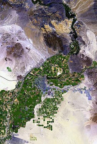 Top-down view of green agricultural lands surrounded by desert