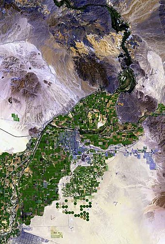 Satellite view of the Colorado River valley near Yuma, Arizona; Interstate 8 runs from left to right just below center.