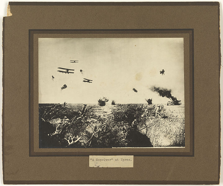 File:"A hop-over at Ypres" - composite photograph showing a bayonet charge by Australian troops; also shows biplanes, undated but presumably Passchendaele (3rd Battle of Ypres).jpg