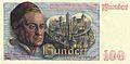 A második sorozat 100 márkás címletének hátoldala, Jakob Muffel képmásával és Nürnberg városának stilizált ábrázolásával