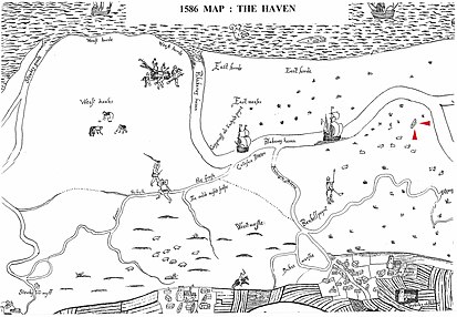 Extract from a 1586 map with the chapel indicated by added arrows. The village of Blakeney is at the lower right of the map, with Morston to the west (lower left). Cley is off the map extract, to the east of Blakeney. 1586maparrows.jpg