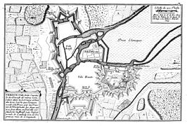 Plan des fortifications de la ville en 1695, le nord orienté à gauche.