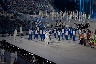 As per tradition, the team from Greece leads the Parade of Nations during the opening ceremony of the Vancouver 2010 Winter Olympics.