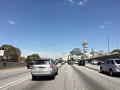 2016-03-23 13 18 32 View north along The Downtown Connector (Interstate 75 and Interstate 85) between Exit 249 and Exit 250 in Atlanta, Georgia.jpg