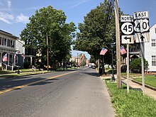 U.S. Route 40 and Route 45 serve Woodstown 2018-08-15 15 51 21 View east along U.S. Route 40 and north along New Jersey State Route 45 (West Street) at Spring Garden Street in Woodstown, Salem County, New Jersey.jpg