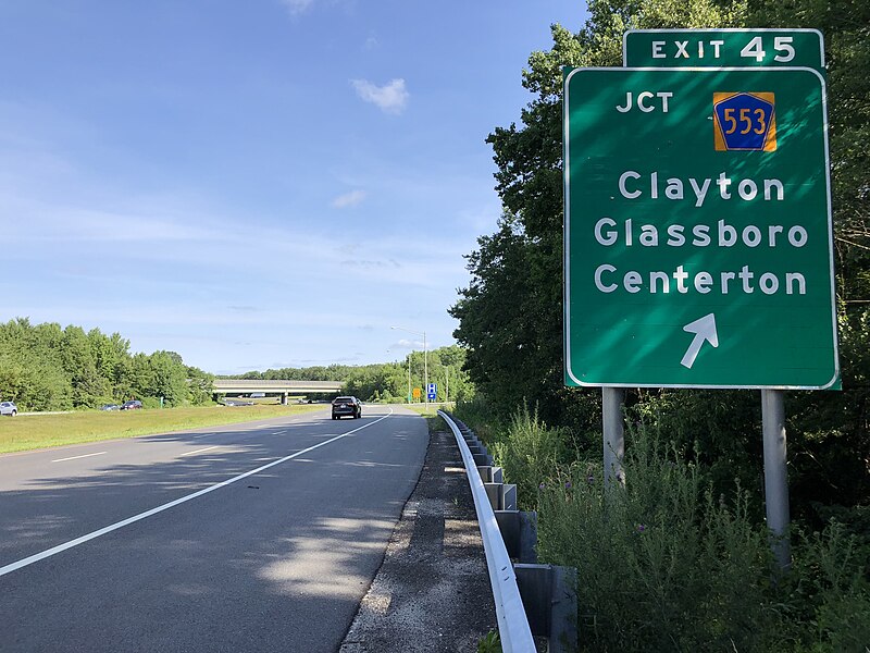 File:2020-07-16 16 55 19 View south along New Jersey State Route 55 (Cape May Expressway) at Exit 45 (Gloucester County Route 553, Clayton, Glassboro, Centerton) in Elk Township, Gloucester County, New Jersey.jpg